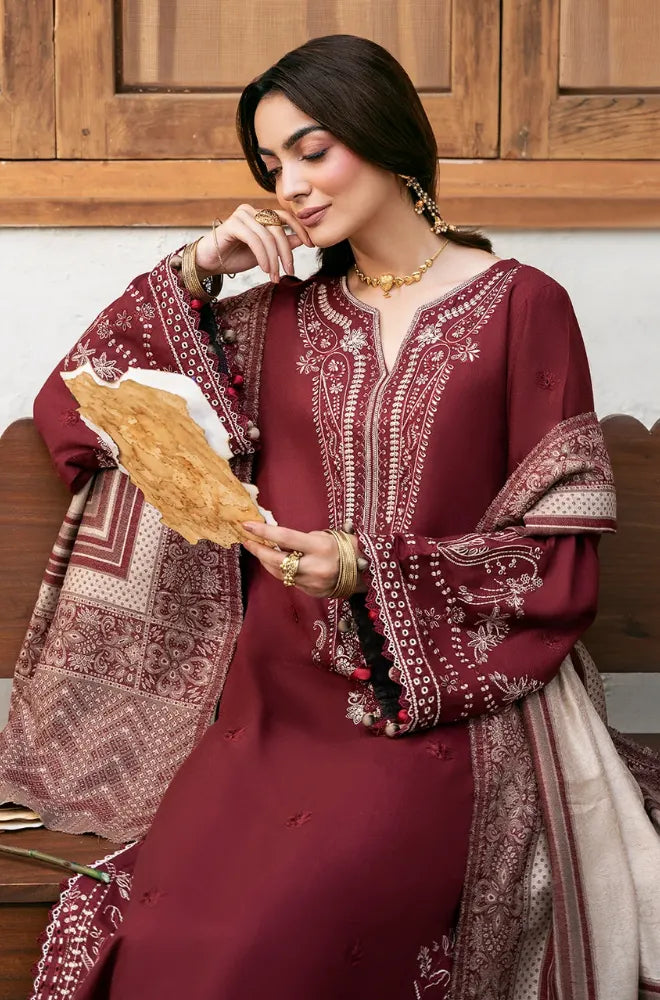 Izel Apparel - 3PC Dhanak Embroidered Shirt With Wool Printed Dupatta and Trouser - BFB01047