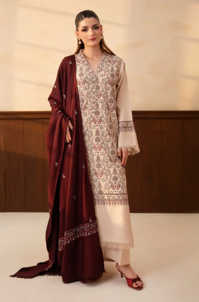Lazuli - 3PC Unstitched Dhanak Embroidered Shirt with Dhanak Embroidered Shawl and Embroidered Trouser - BFB01157
