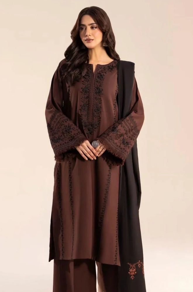 Lazuli - 3PC Dhanak Embroidered Shirt With Wool Embroidered Dupatta and Trouser - BFB01048