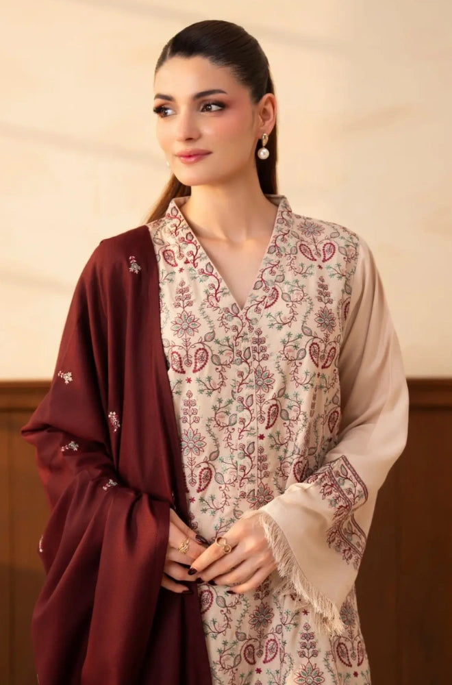 Lazuli - 3PC Unstitched Dhanak Embroidered Shirt with Dhanak Embroidered Shawl and Embroidered Trouser - BFB01157