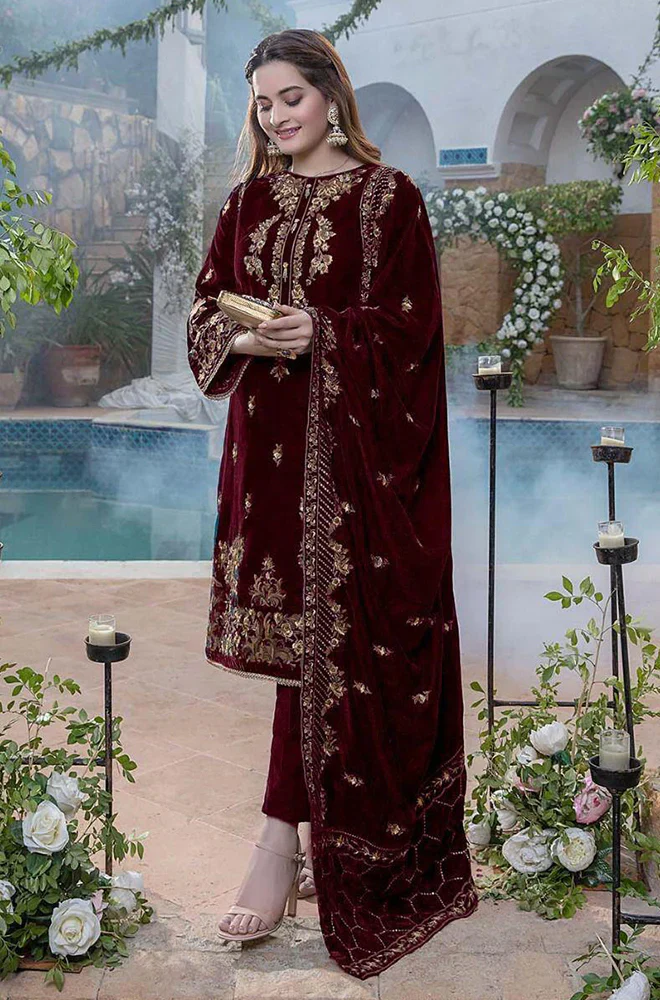 Baroque - 3PC Velvet Embroidered Shirt With Velvet Dupatta and Trouser - BFB0556