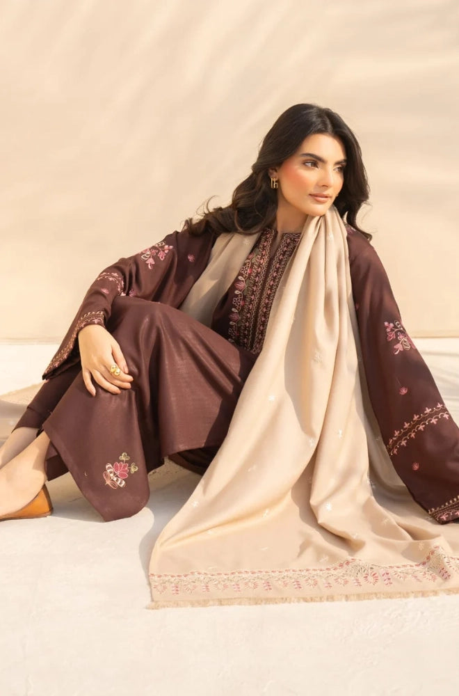 3PC Dhanak Embroidered Shirt With Wool Printed Dupatta and Trouser - BFB01050