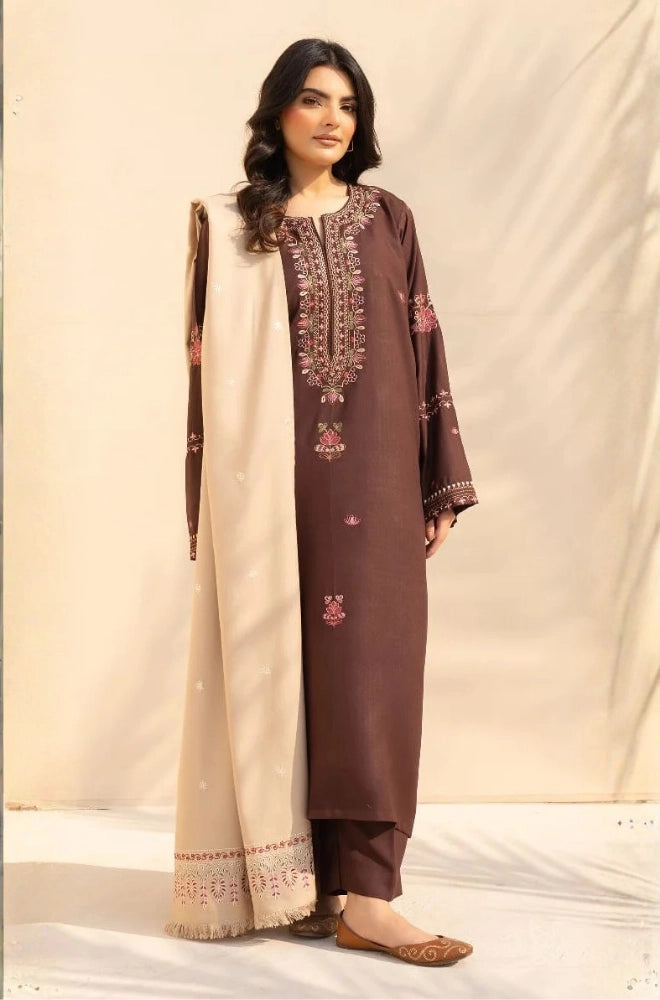3PC Dhanak Embroidered Shirt With Wool Printed Dupatta and Trouser - BFB01050