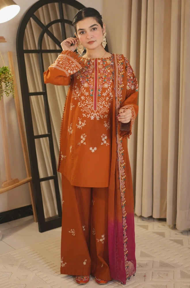 3PC Dhanak Embroidered Shirt With Embroidered Chiffon Dupatta and Trouser - BFB01061