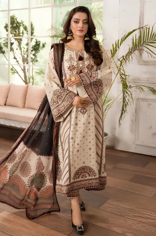 3PC Dhanak Embroidered Shirt With Chiffon Printed Dupatta and Trouser - BFB01043