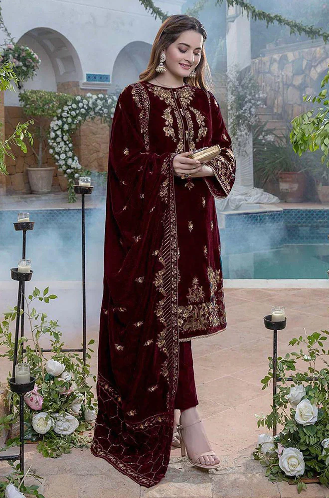 Baroque - 3PC Velvet Embroidered Shirt With Velvet Dupatta and Trouser - BFB0556