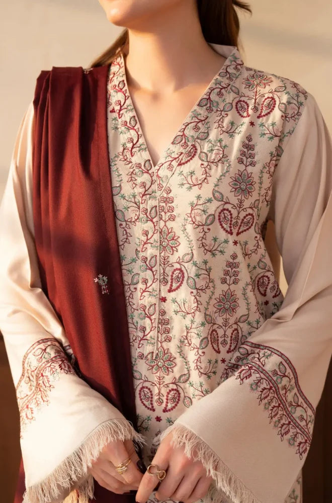Lazuli - 3PC Unstitched Dhanak Embroidered Shirt with Dhanak Embroidered Shawl and Embroidered Trouser - BFB01157