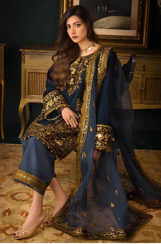 Asim Jofa - 3PC Velvet Embroidered Shirt With Organza Embroidered Dupatta and Trouser - BFB0929