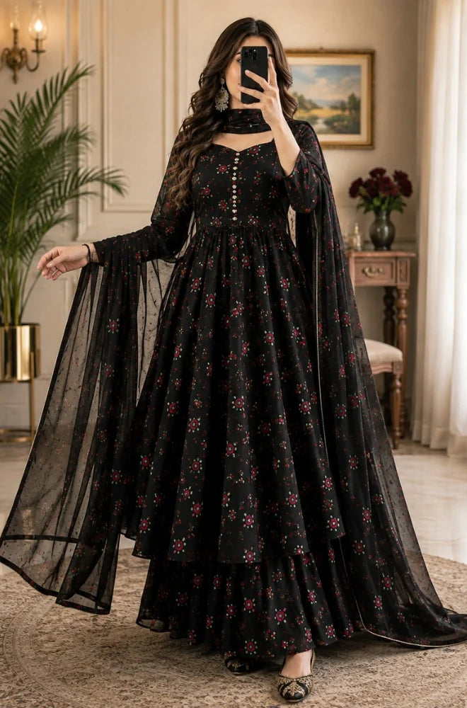 BlueFery - 3PC Embroidered Lawn Frock With Chiffon Dupatta and Trouser - BFB0976