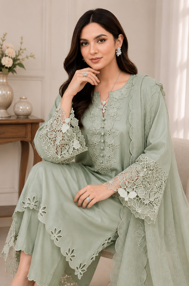 SAPPHIRE - 3PC Lawn Embroidered Shirt with Khadi Net Embroidered Dupatta and Trouser - BFS0016