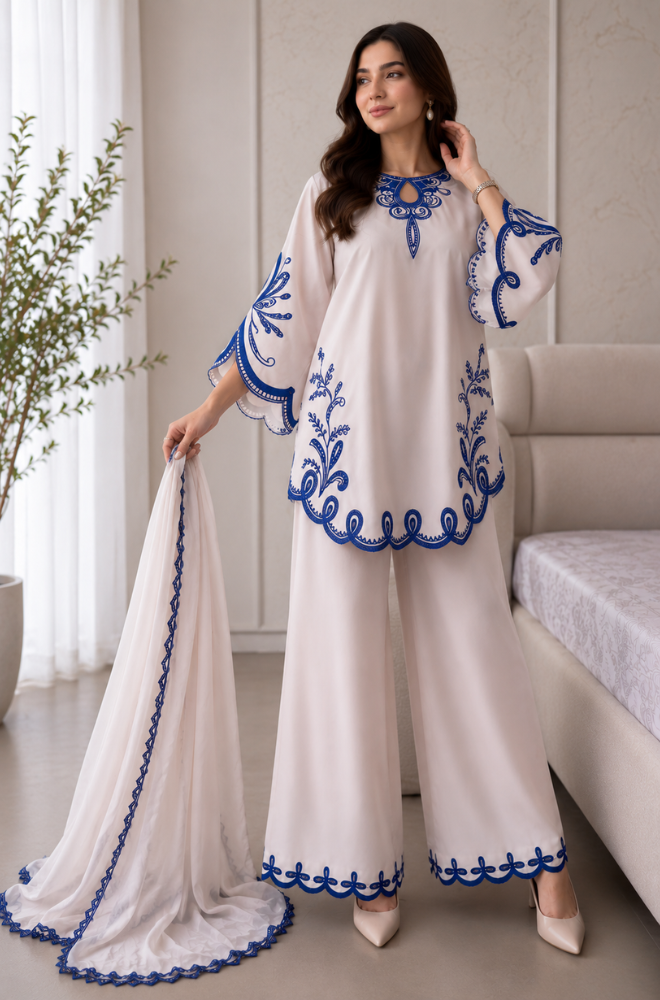 Bluefery - 3PC Embroidered Elegant White & Royal Blue Shamoz Silk Dress - BFB0925