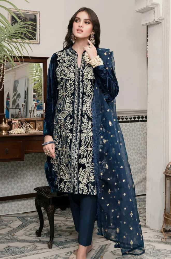 Azure - 3PC Velvet Embroidered Shirt With Organza Embroidered Dupatta - BFFC200