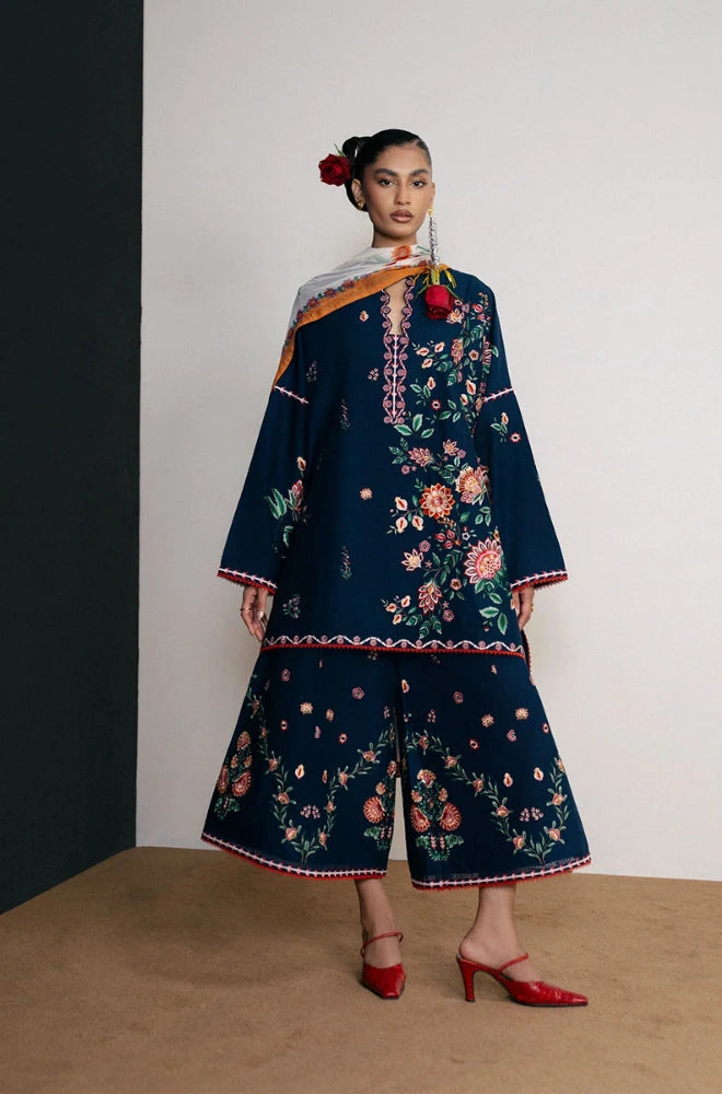 Jugnu By Hussain Rehar - 3PC Dhanak Embroidered Shirt With Chiffon Printed Dupatta and Trouser - BFB01053