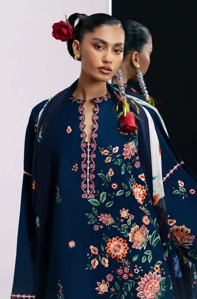Jugnu By Hussain Rehar - 3PC Dhanak Embroidered Shirt With Chiffon Printed Dupatta and Trouser - BFB01053