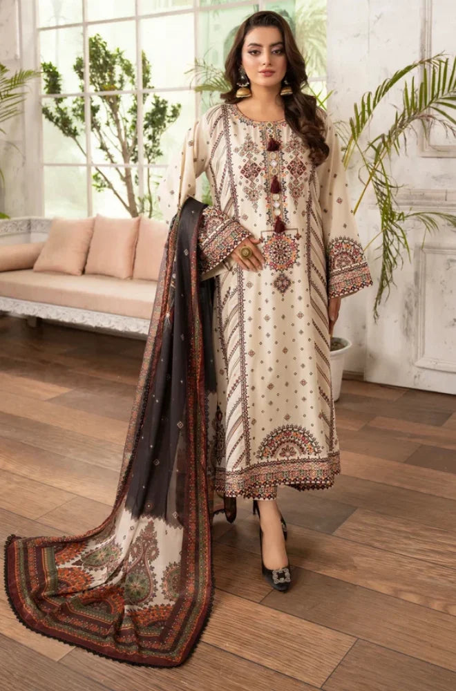 3PC Dhanak Embroidered Shirt With Chiffon Printed Dupatta and Trouser - BFB01043