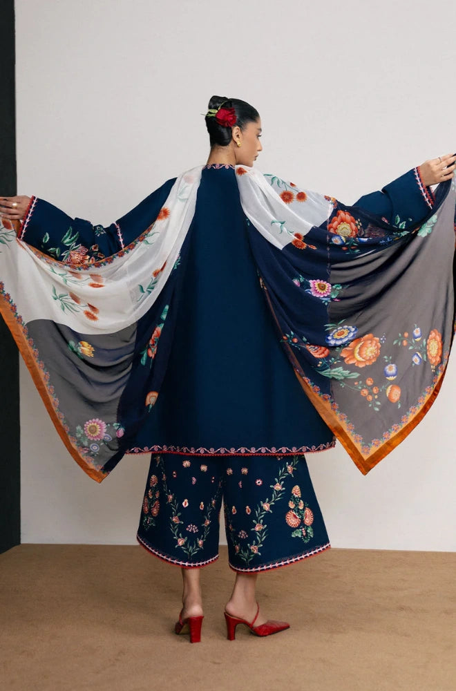 Jugnu By Hussain Rehar - 3PC Dhanak Embroidered Shirt With Chiffon Printed Dupatta and Trouser - BFB01053