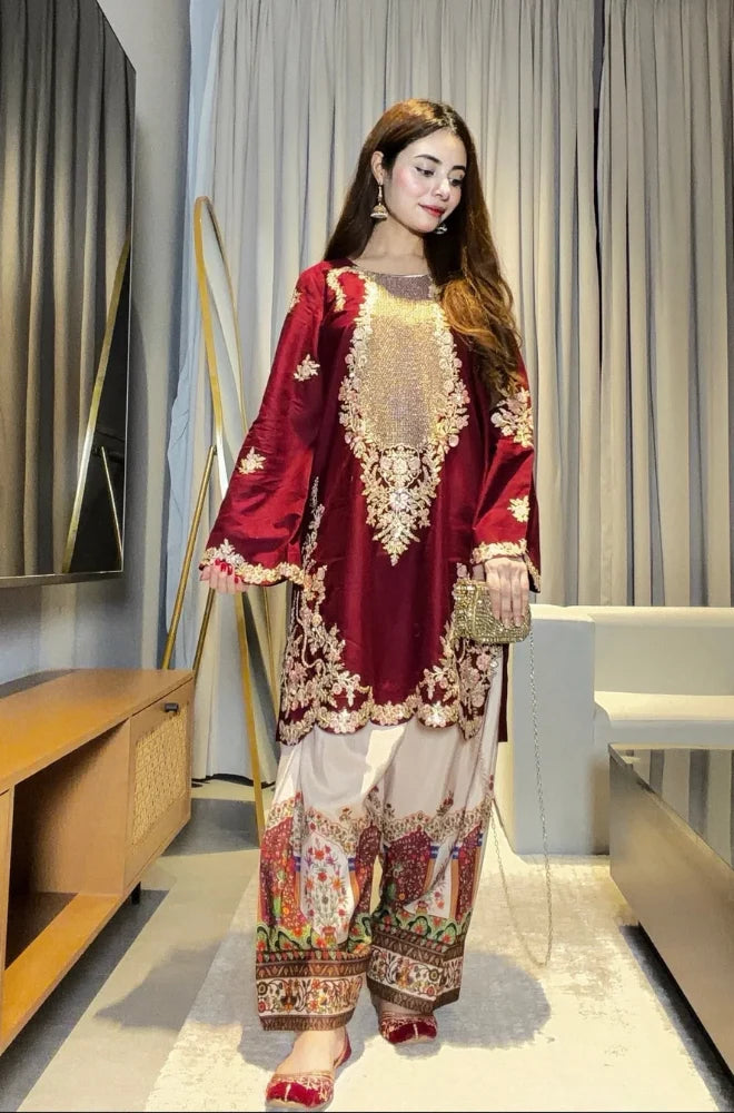 Ethnic - 3PC Silk Embroidered Shirt and Trouser - BFB01075