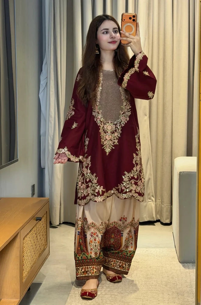 Ethnic - 3PC Silk Embroidered Shirt and Trouser - BFB01075