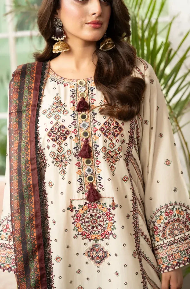 3PC Dhanak Embroidered Shirt With Chiffon Printed Dupatta and Trouser - BFB01043