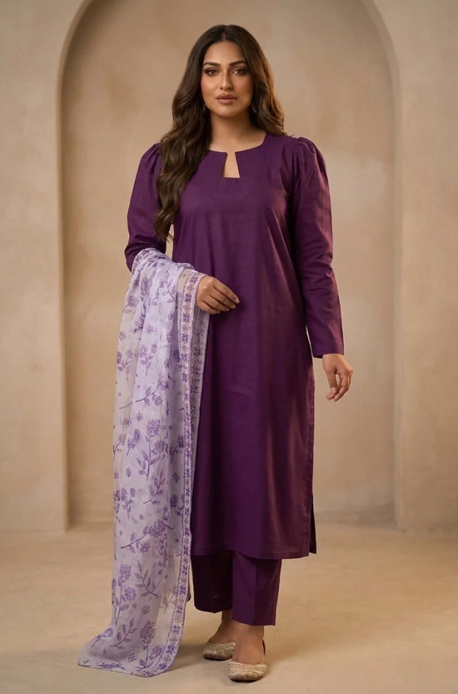 Bluefery - 3PC Lawn Shirt With Slub Net Printed Dupatta and Trouser - BFB01145