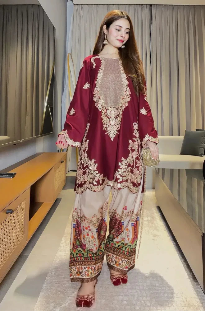Ethnic - 3PC Silk Embroidered Shirt and Trouser - BFB01075
