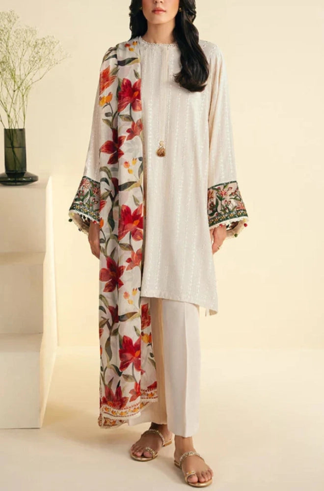 Cross Stitch - 3PC Dhanak Embroidered Shirt With Wool Printed Dupatta and Trouser - BFB01085