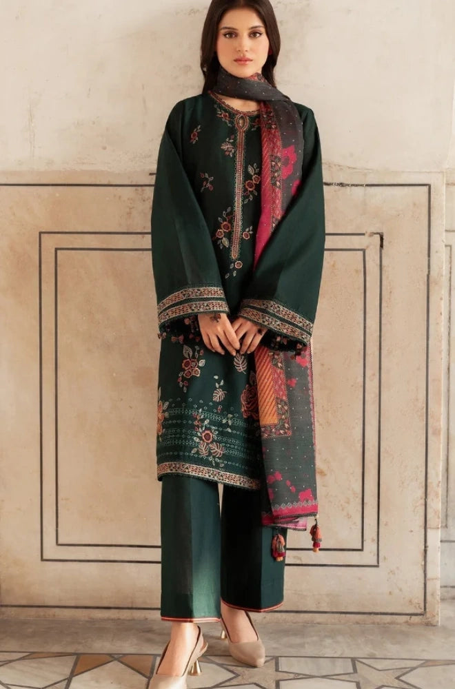 Jazmin 3PC Dhanak Embroidered Shirt With Wool Printed Dupatta and Trouser - BFB01083