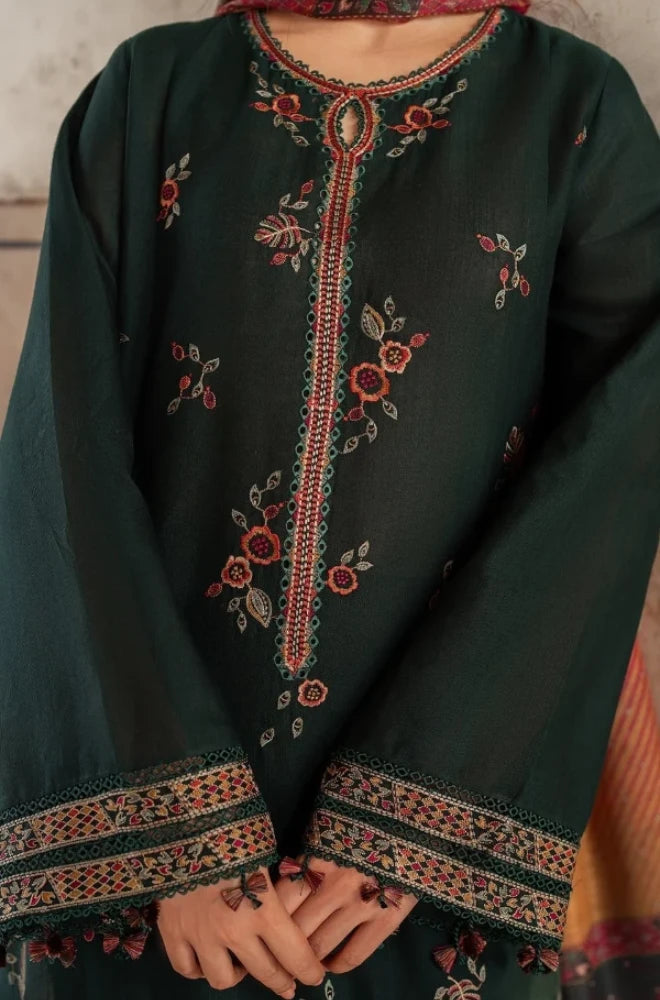 Jazmin 3PC Dhanak Embroidered Shirt With Wool Printed Dupatta and Trouser - BFB01083