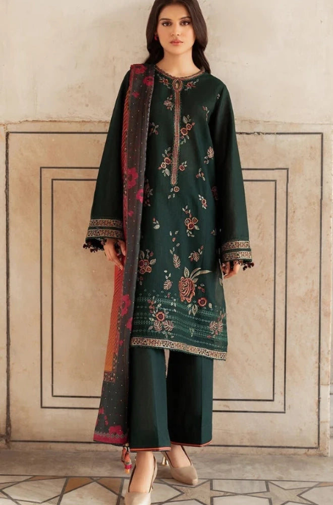 Jazmin 3PC Dhanak Embroidered Shirt With Wool Printed Dupatta and Trouser - BFB01083