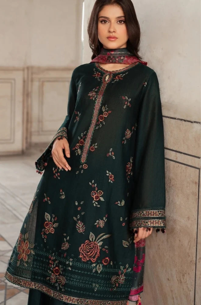 Jazmin 3PC Dhanak Embroidered Shirt With Wool Printed Dupatta and Trouser - BFB01083