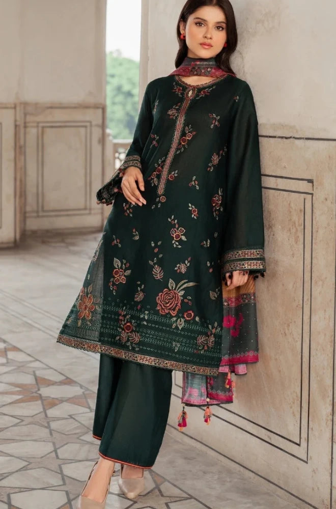 Jazmin 3PC Dhanak Embroidered Shirt With Wool Printed Dupatta and Trouser - BFB01083