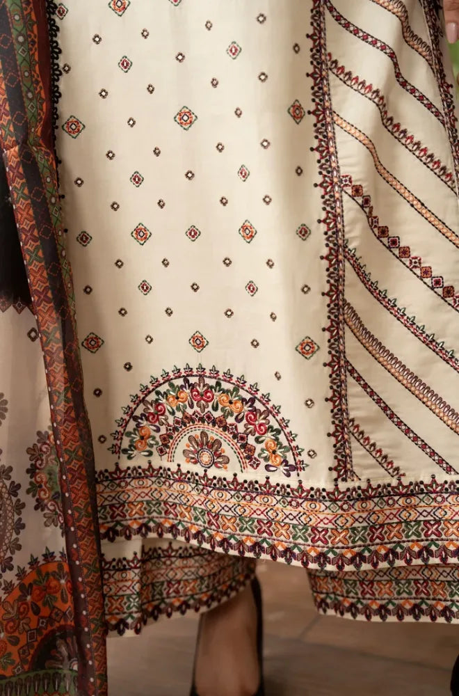 3PC Dhanak Embroidered Shirt With Chiffon Printed Dupatta and Trouser - BFB01043