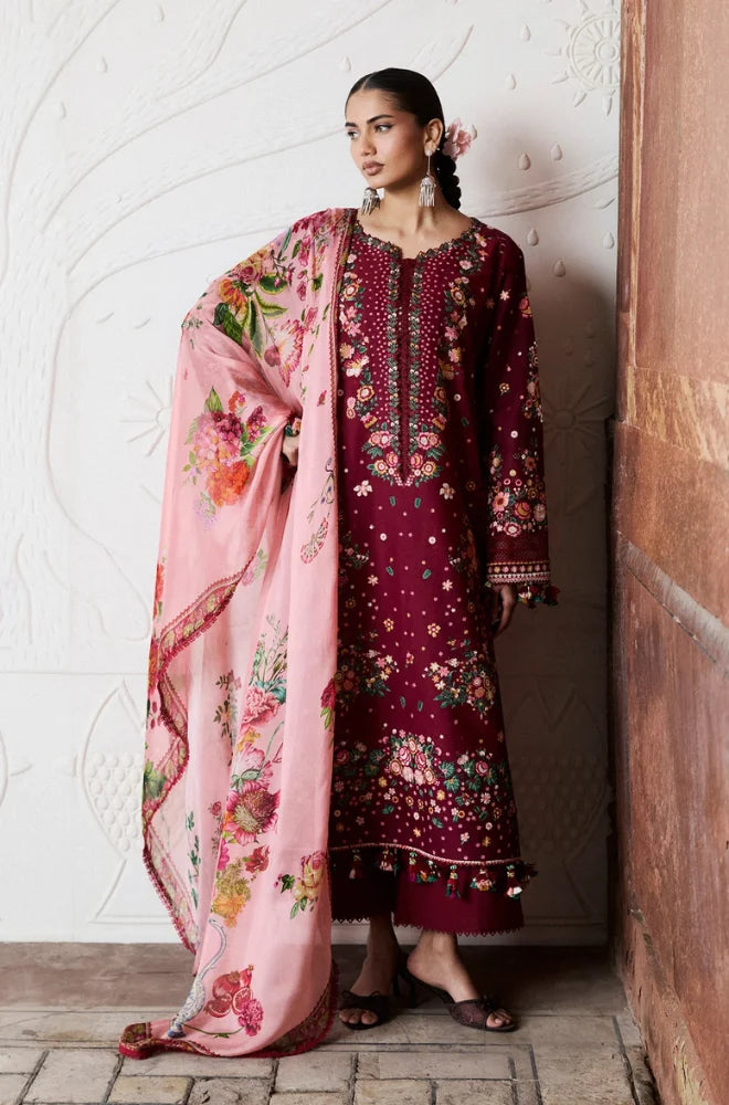 Hussain Rehar - 3PC Dhanak Embroidered Shirt With Wool Printed Dupatta and Trouser - BFB01076