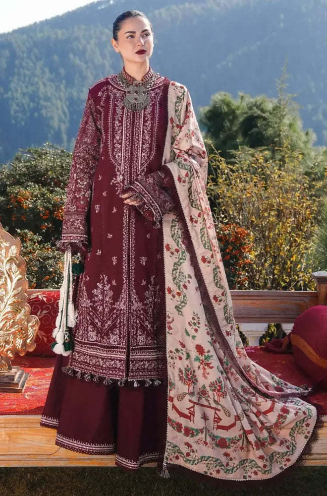 Hussain Rehar - 3PC Dhanak Embroidered Shirt Winter Wool Printed Dupatta and Trouser - BFB01081