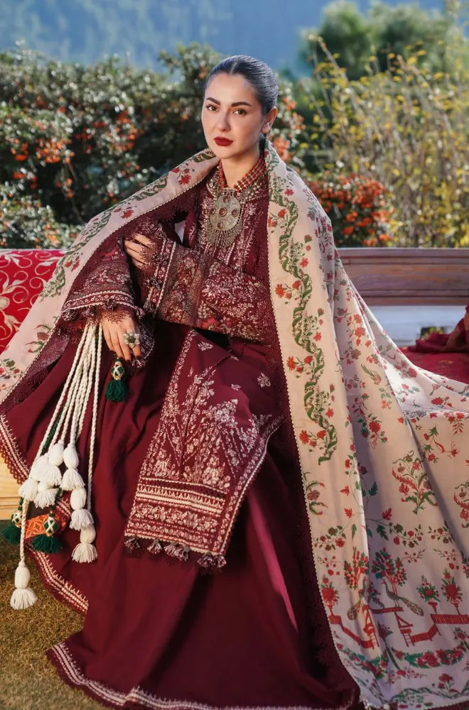 Hussain Rehar - 3PC Dhanak Embroidered Shirt Winter Wool Printed Dupatta and Trouser - BFB01081