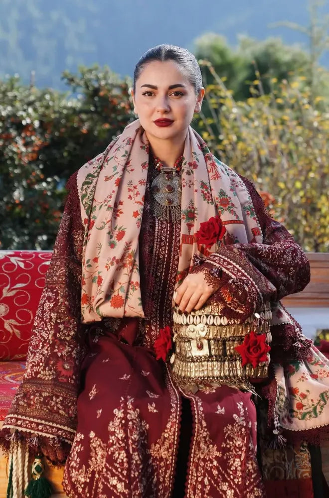 Hussain Rehar - 3PC Dhanak Embroidered Shirt Winter Wool Printed Dupatta and Trouser - BFB01081
