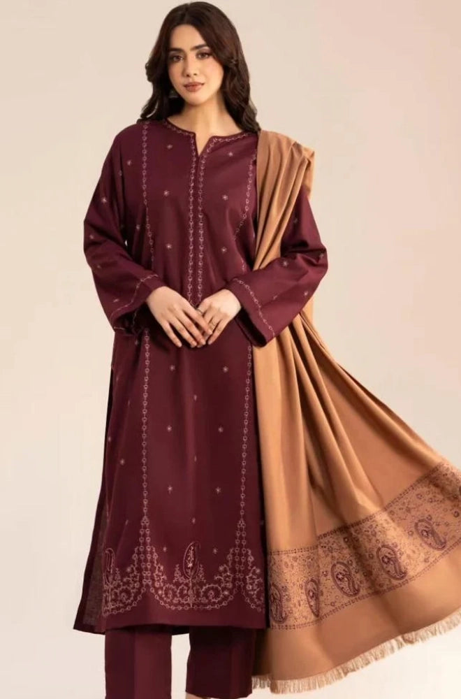 Sapphire - 3PC Dhanak Embroidered Shirt With Wool Embroidered Dupatta and Trouser - BFB01054