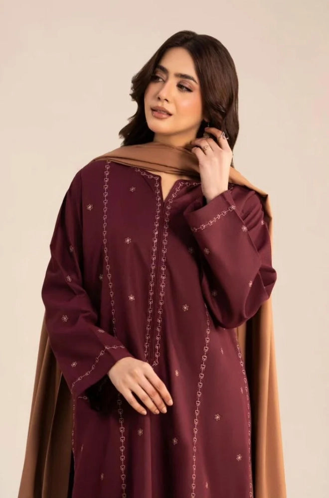 Sapphire - 3PC Dhanak Embroidered Shirt With Wool Embroidered Dupatta and Trouser - BFB01054
