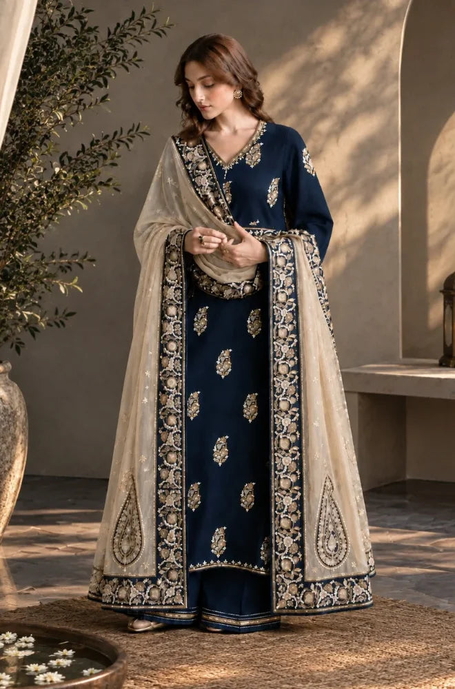 Zaib - 3PC Unstitched Dhanak Embroidered Shirt with Dhanak Embroidered Shawl and Embroidered Trouser - BFB01160