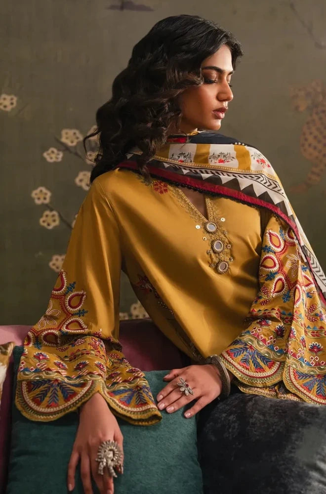 Safinaz - 3PC Dhanak Embroidered Shirt With Wool Printed Dupatta and Trouser - BFB01091