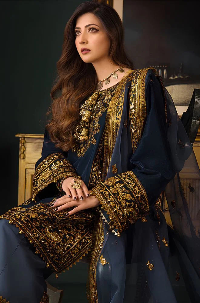 Asim Jofa - 3PC Velvet Embroidered Shirt With Organza Embroidered Dupatta and Trouser - BFB0929