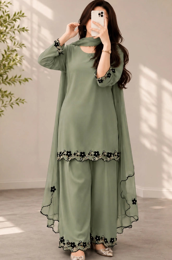 BlueFery - 3PC Lawn Embroidered Shirt With Chiffon Embroidered Dupatta and Trouser - BFB0931
