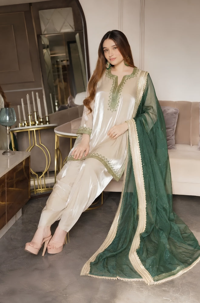 BlueFery - 3PC Silk Embroidered Shirt With Embroidered Dupatta and Trouser - BFB0009