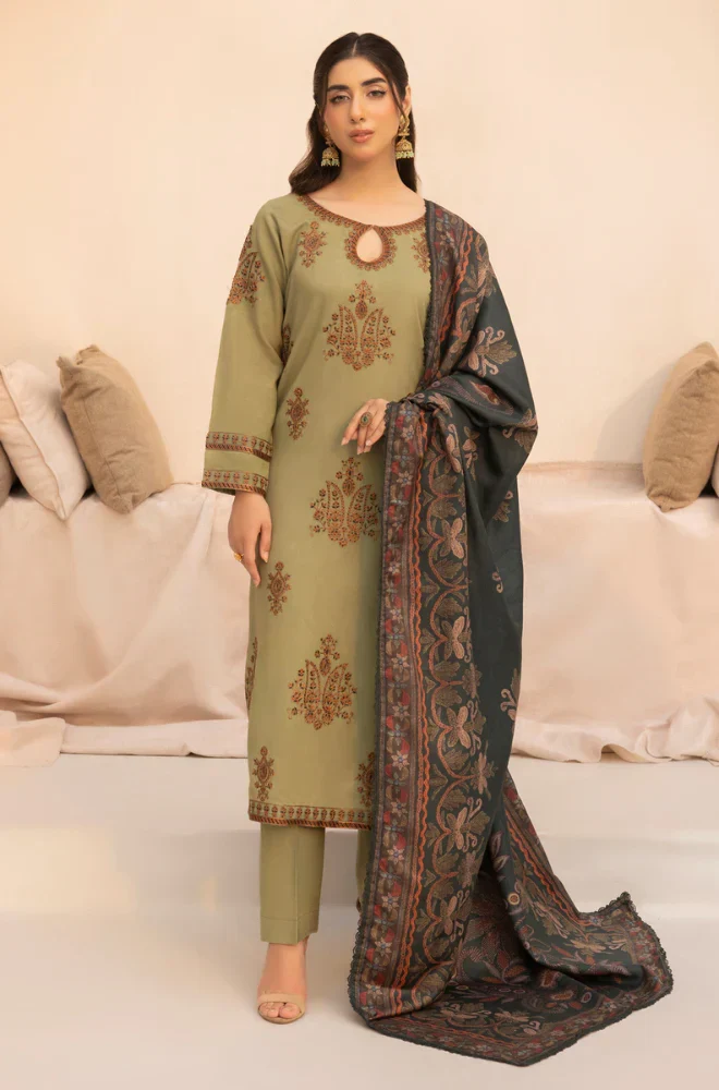 Mohagni - 3PC Dhanak Embroidered Shirt With Printed Dupatta and Trouser - BFB0983