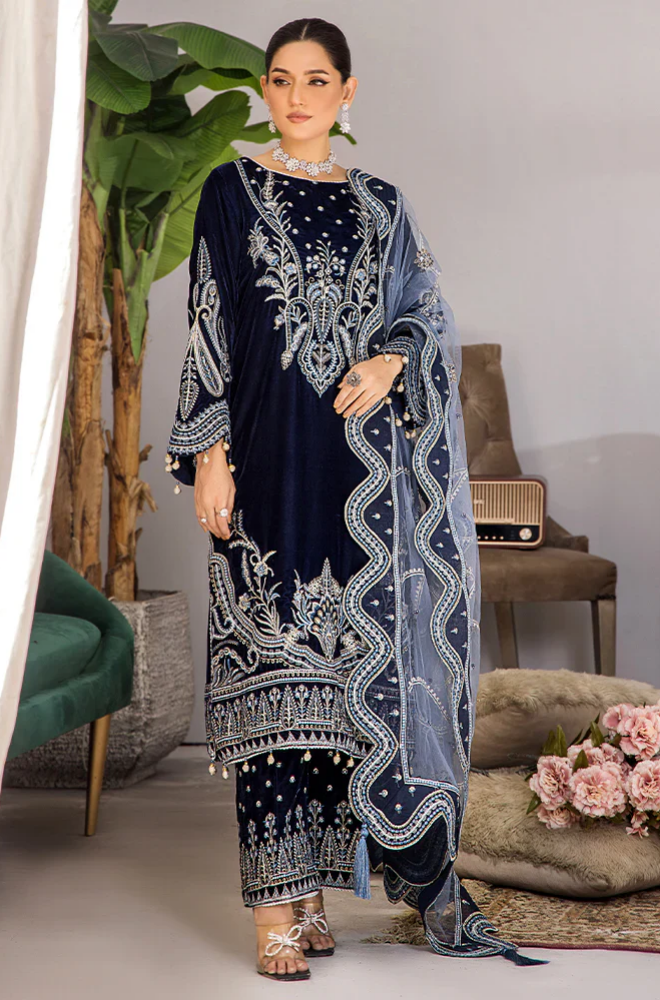 Boraque -Winter 3PC Velvet Embroidered Suit - BFB0558