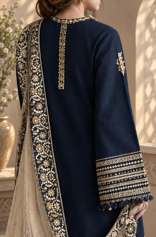 Zaib - 3PC Unstitched Dhanak Embroidered Shirt with Dhanak Embroidered Shawl and Embroidered Trouser - BFB01160