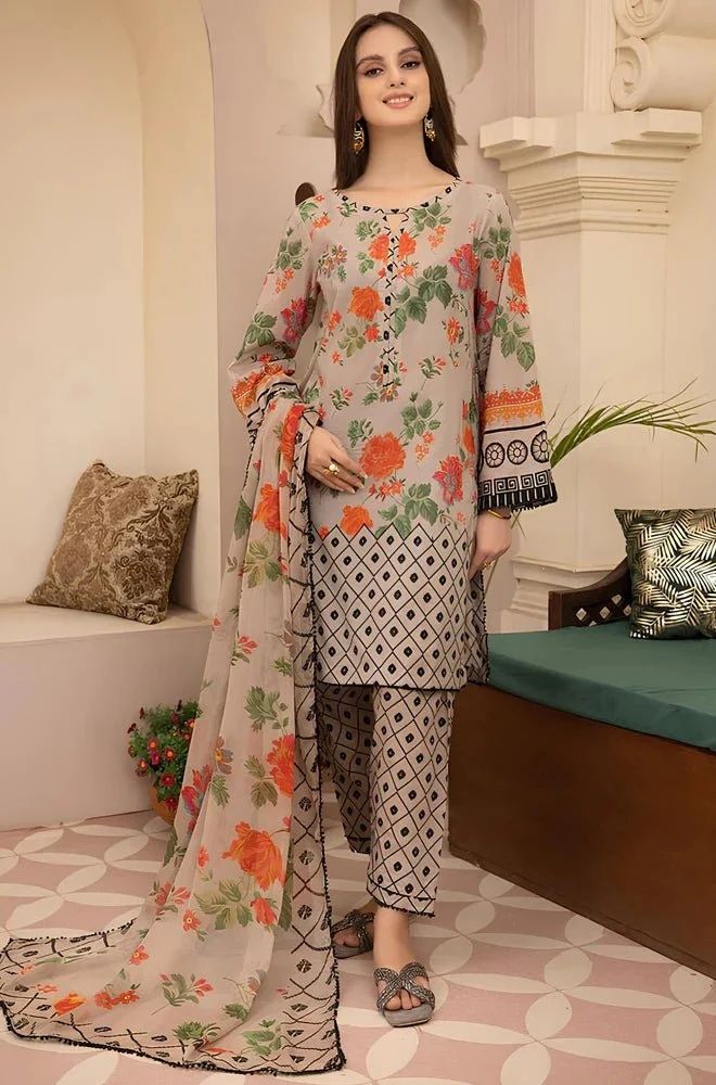 Aneelas - 3PC Lawn Printed Shirt with Lawn Printed Dupatta and Trouser - BFB0854