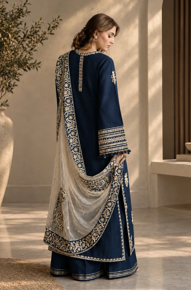 Zaib - 3PC Unstitched Dhanak Embroidered Shirt with Dhanak Embroidered Shawl and Embroidered Trouser - BFB01160
