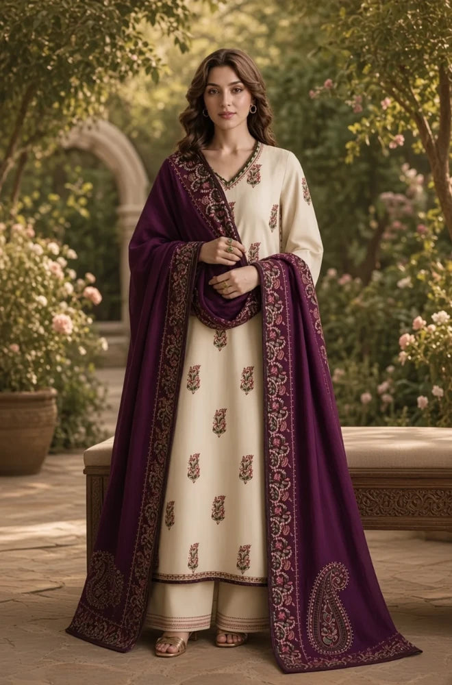 Zaib - 3PC Unstitched Dhanak Embroidered Shirt with Dhanak Embroidered Shawl and Embroidered Trouser - BFB01161
