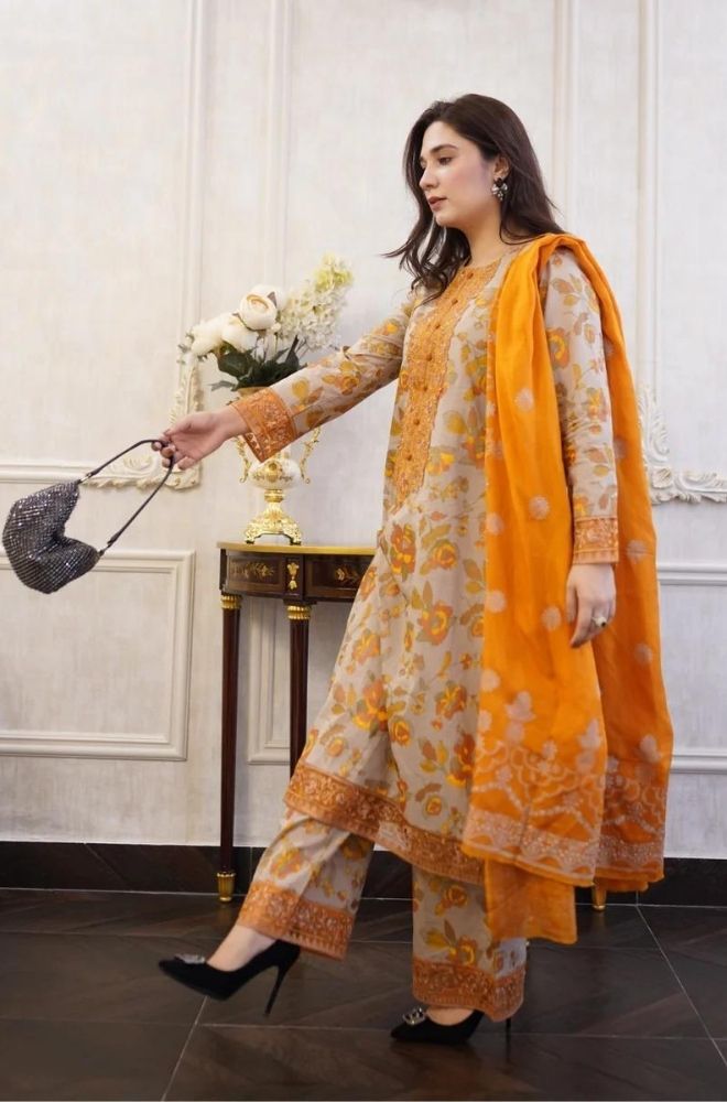 Aneelas - 3PC Lawn Printed Shirt with Lawn Printed Dupatta and Trouser - BFB0855